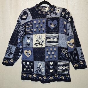 Vintage Basic Edition Blue Floral Patchwork Sweater 80s 90s Y2K Oversized M